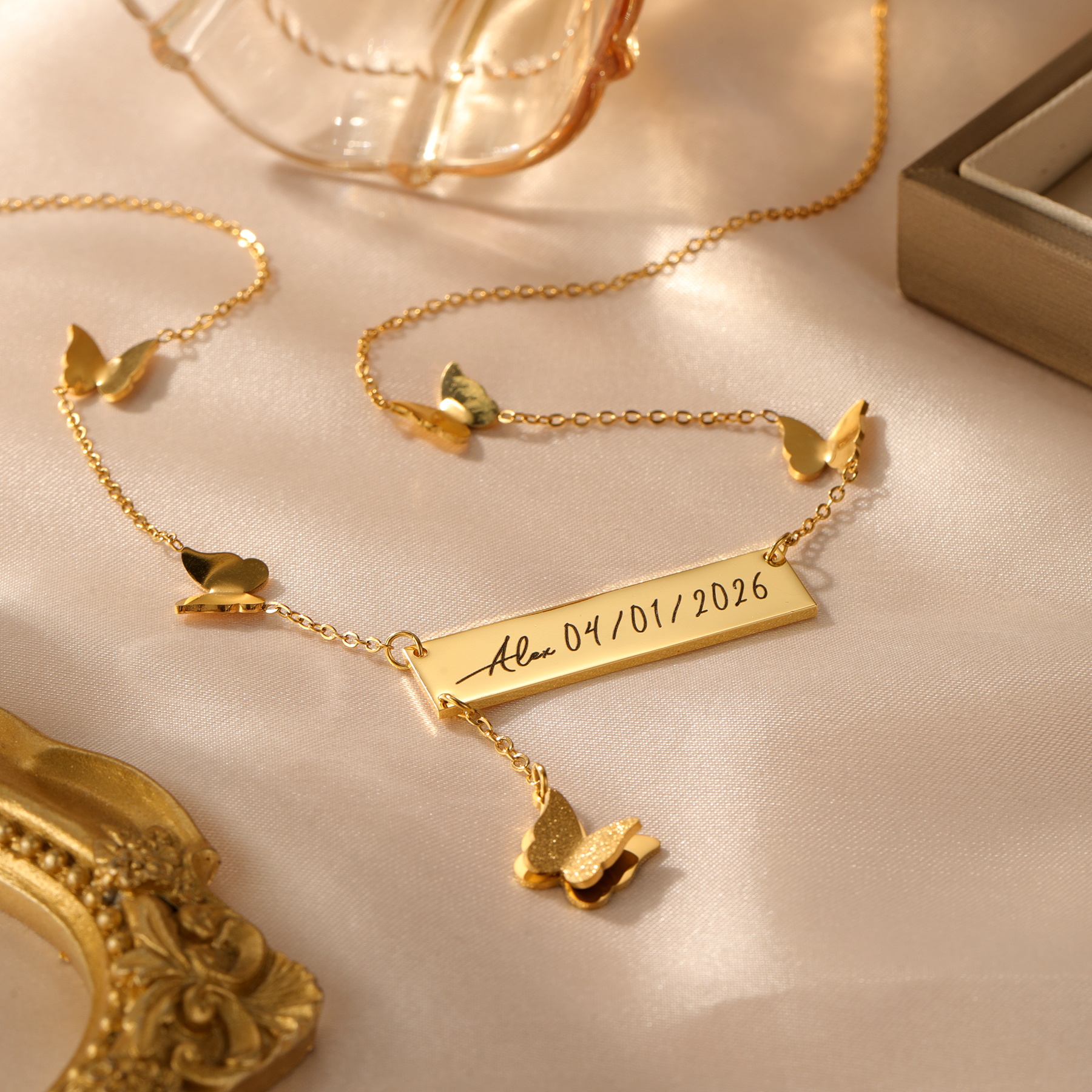 Handwriting Necklace Bar - Personalized Butterfly Bar Name Necklace Custom