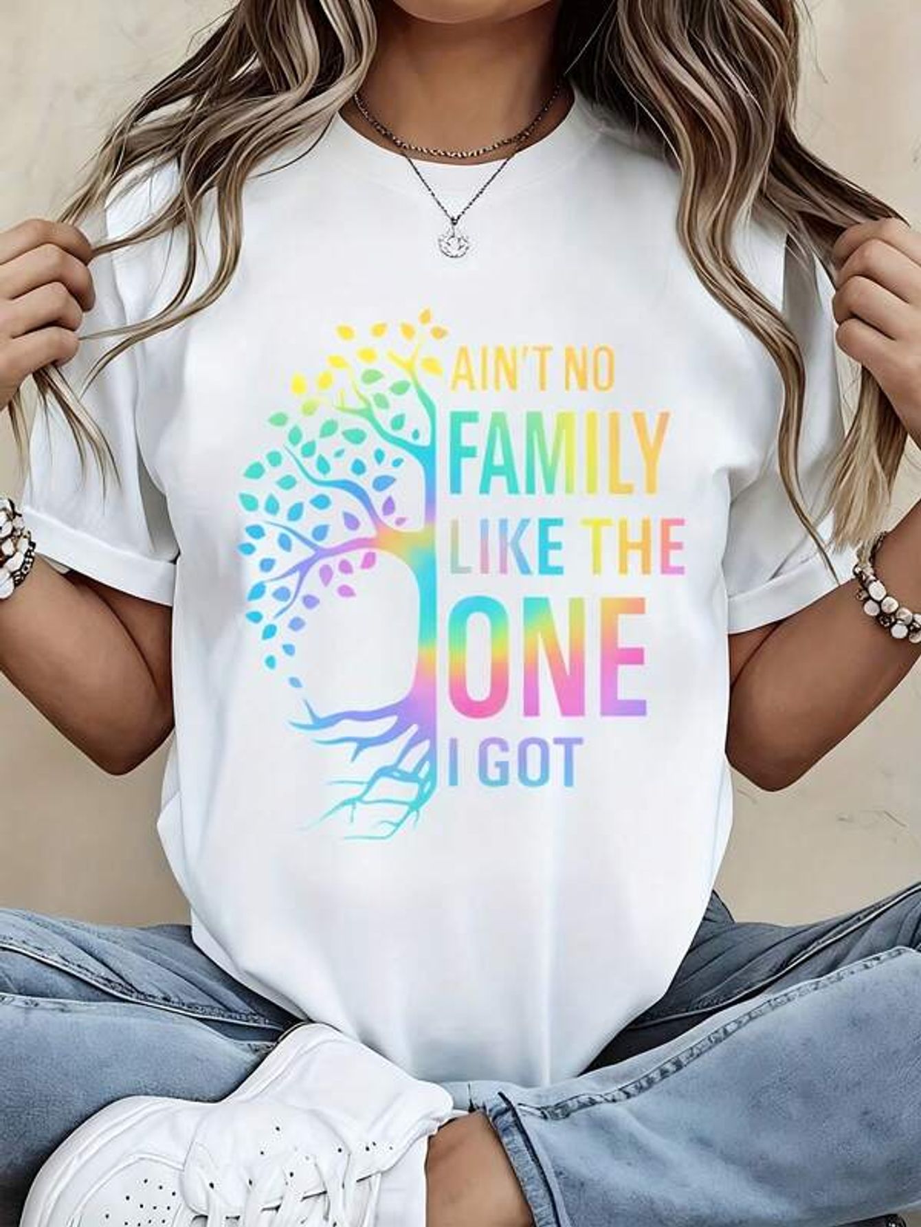 White Crewneck T-Shirt With Ra - Family Tree Print ulasan dan harga