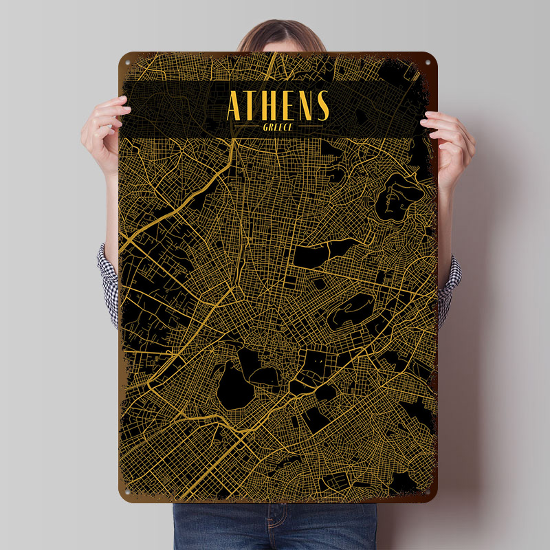 Athens Golden Map Tinplate Pos - Custom Map Poster ulasan dan harga