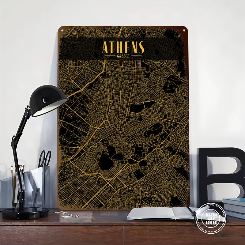Athens Golden Map Tinplate Pos - Custom Map Poster ulasan dan harga